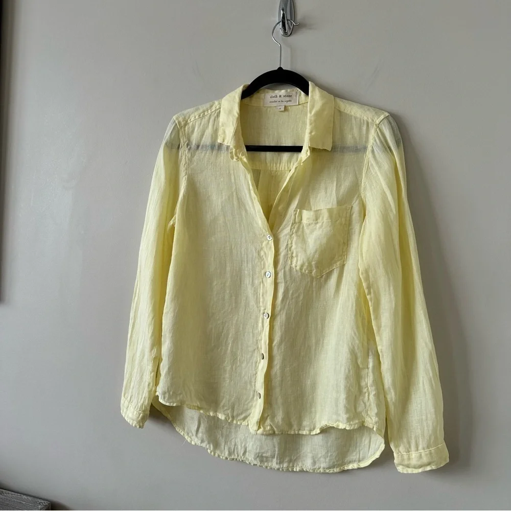 ANTHROPOLOGIE-CLOTH & Stone Sunshine Yellow 100% Linen Button Down - Picture 7 of 9